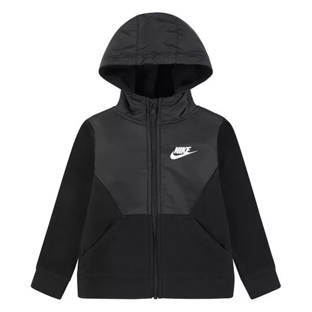 Nike Full Zip Fleece Hoodie Kids Size 5 Black Mixed Media Hooded Jacket L977-023